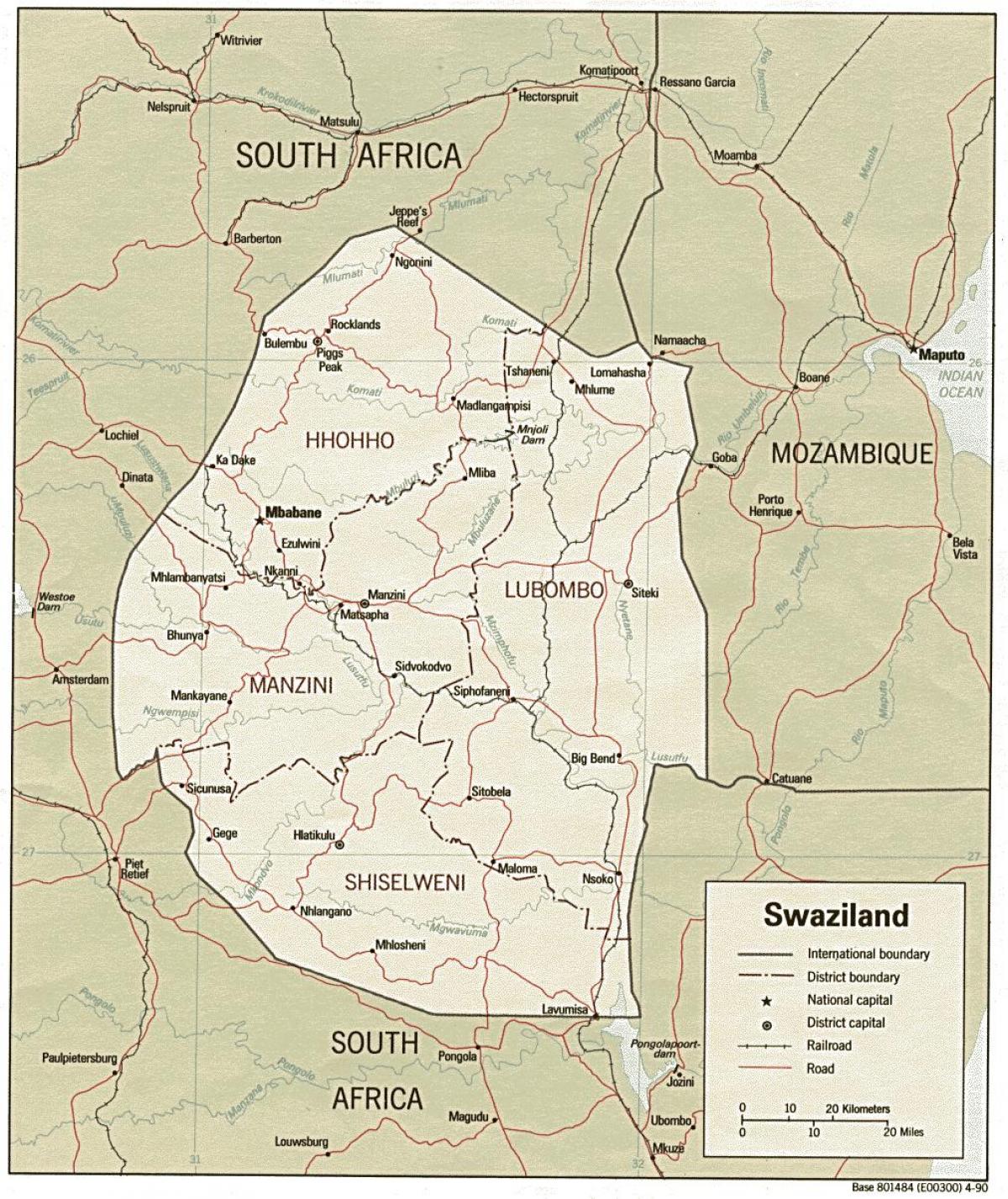 mapa Svazijsko ukazuje hraničných priechodov